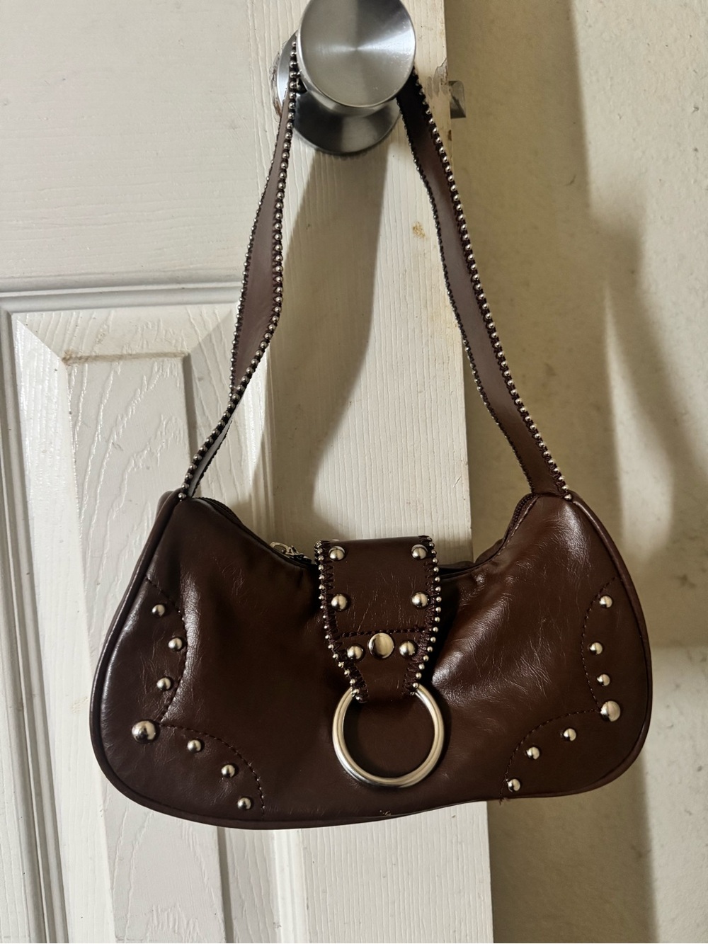Brown Studded Leather Shoulder Bag with Ring Detail - Picture 1 of 3